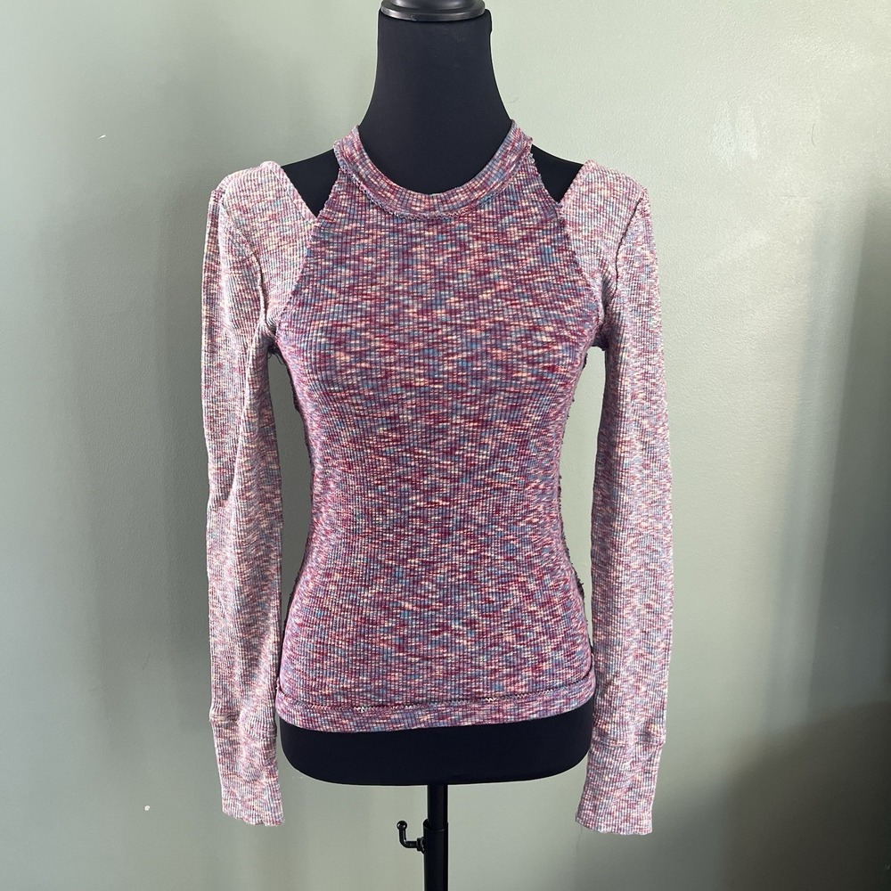 Free People Pink & Purple Multicolor Heathered Space Dye Cutout Long Sleeve Tee